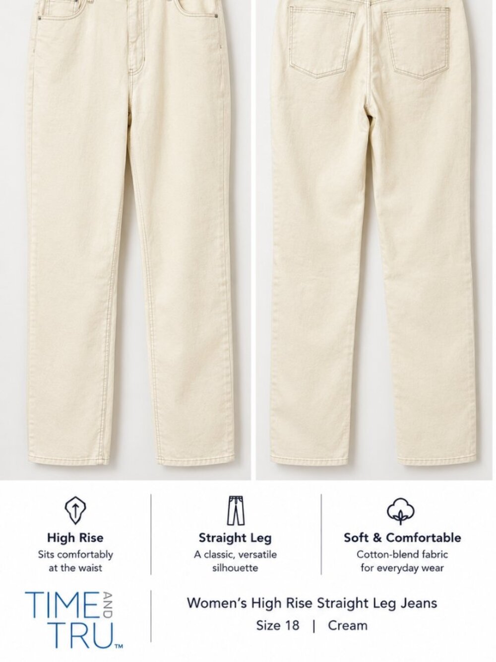 NWT - Time and Tru Women’s Cream-Ivory High Rise Straight Leg Jeans - Size 18